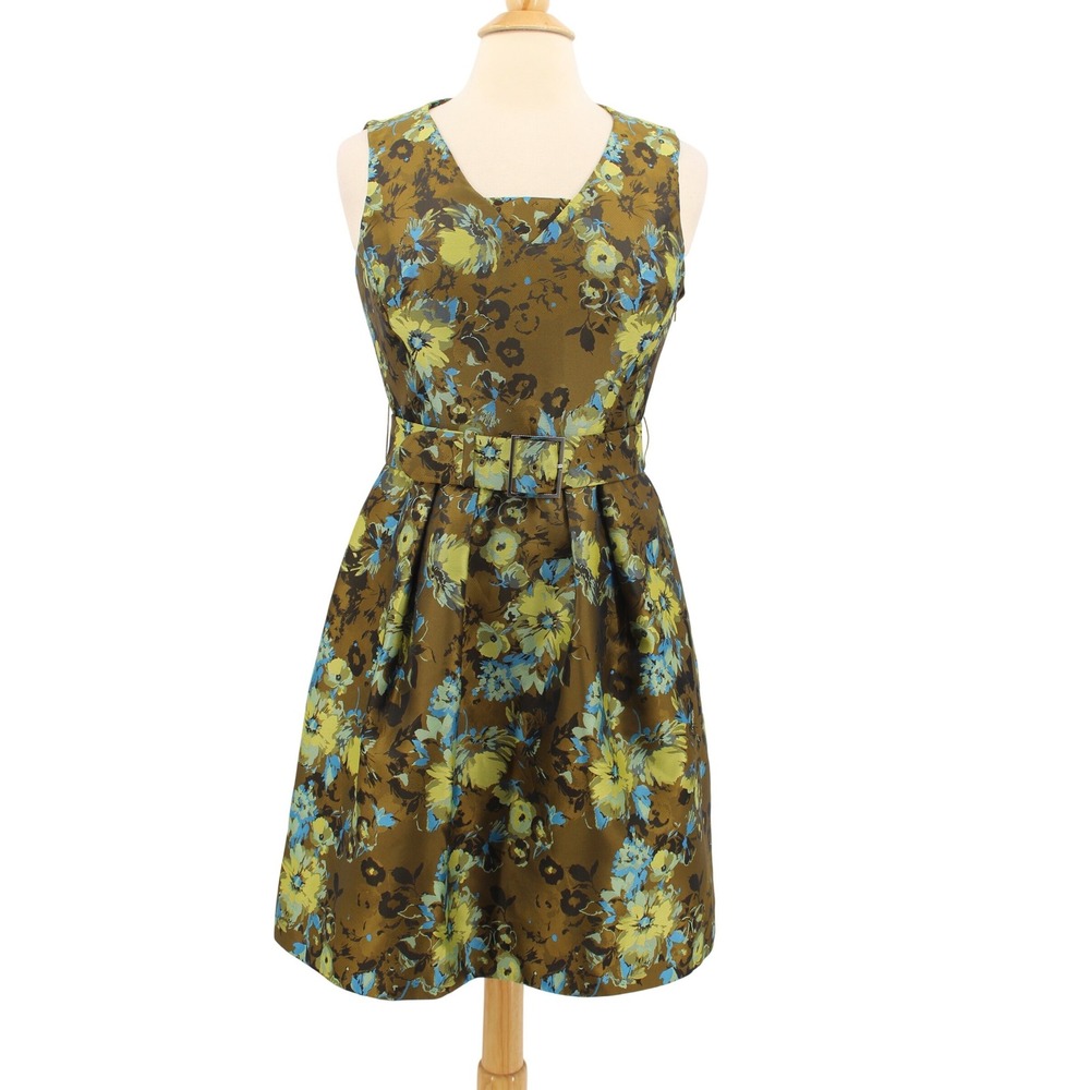 Karen Millen Floral Brocade Fit and Flare Dress size 8 Belted Sleeveless Elegant